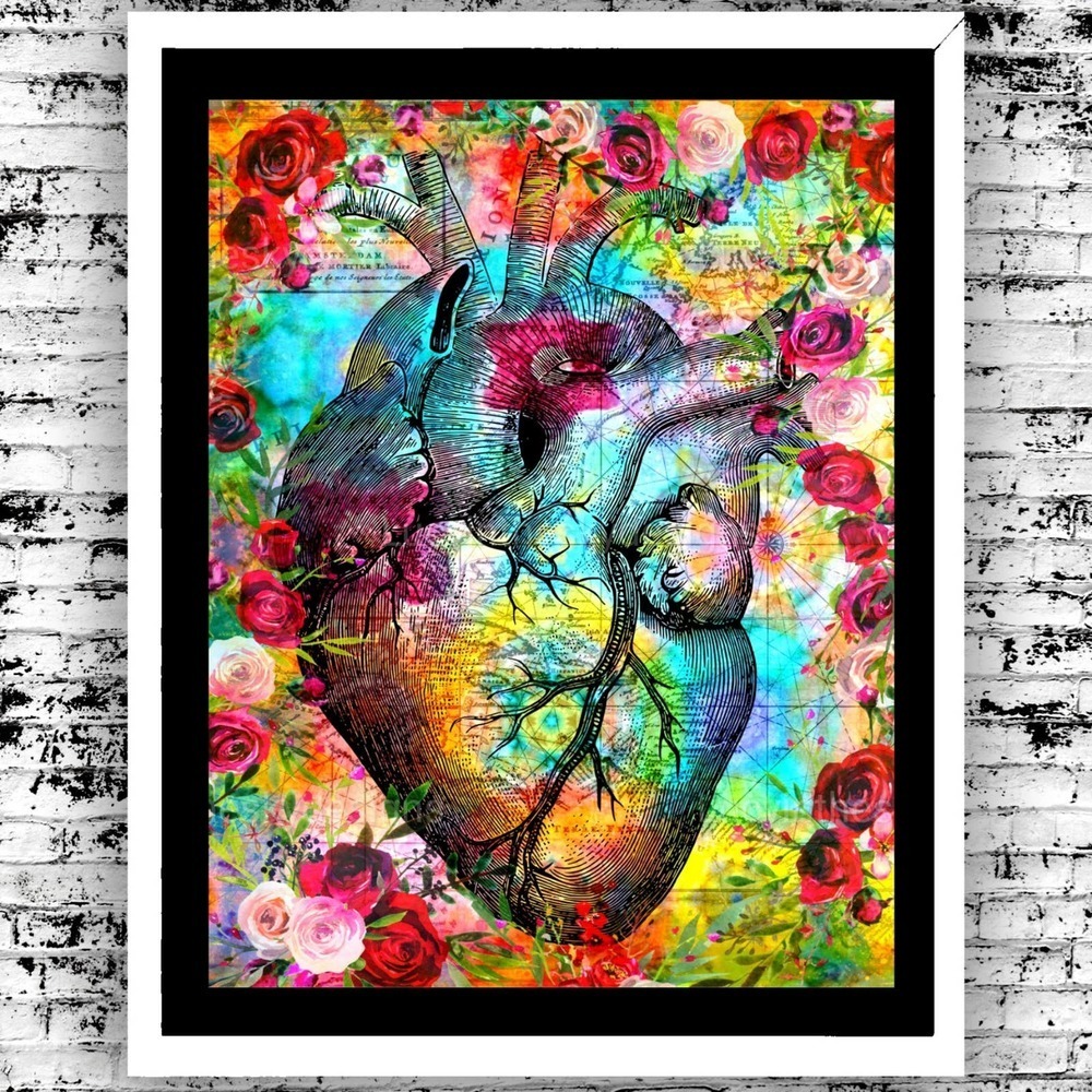 Art Print Bright Heart Anatomical Red Rose Kaleidoscope Map Wall Decor